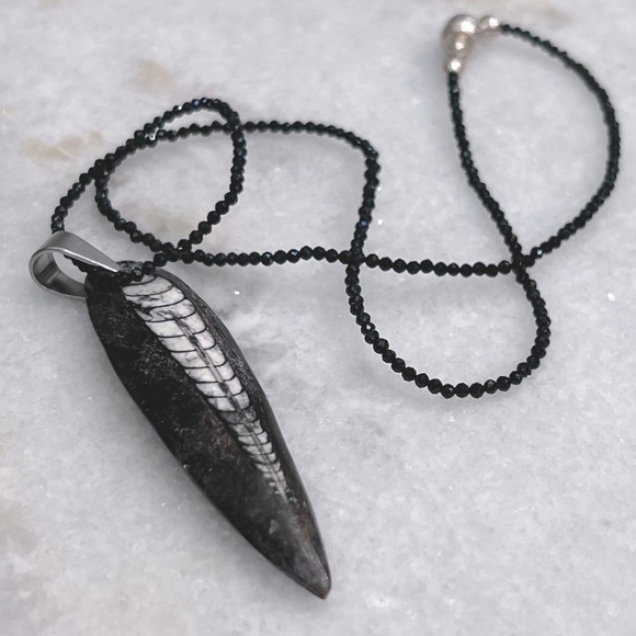 Fossil Orthoceras Silver Pendant with Thai Black Spinel Beaded 18” Necklace - Picture 4 of 14